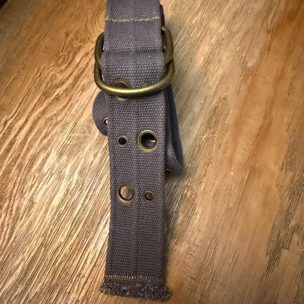Gray Canvas Cargo Military Style Belt with Brass Buckle Gold Stitching - Picture 2 of 3